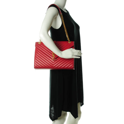 Saint Laurent Lambskin Matelasse Chevron Large Monogram Satchel Red 2 of 12