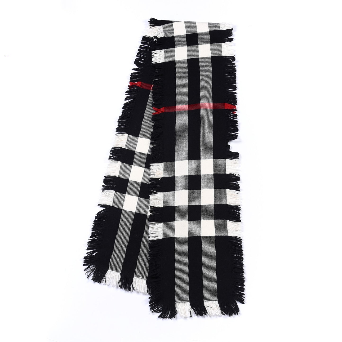 Wool Half Mega Check Fringe Scarf Black
