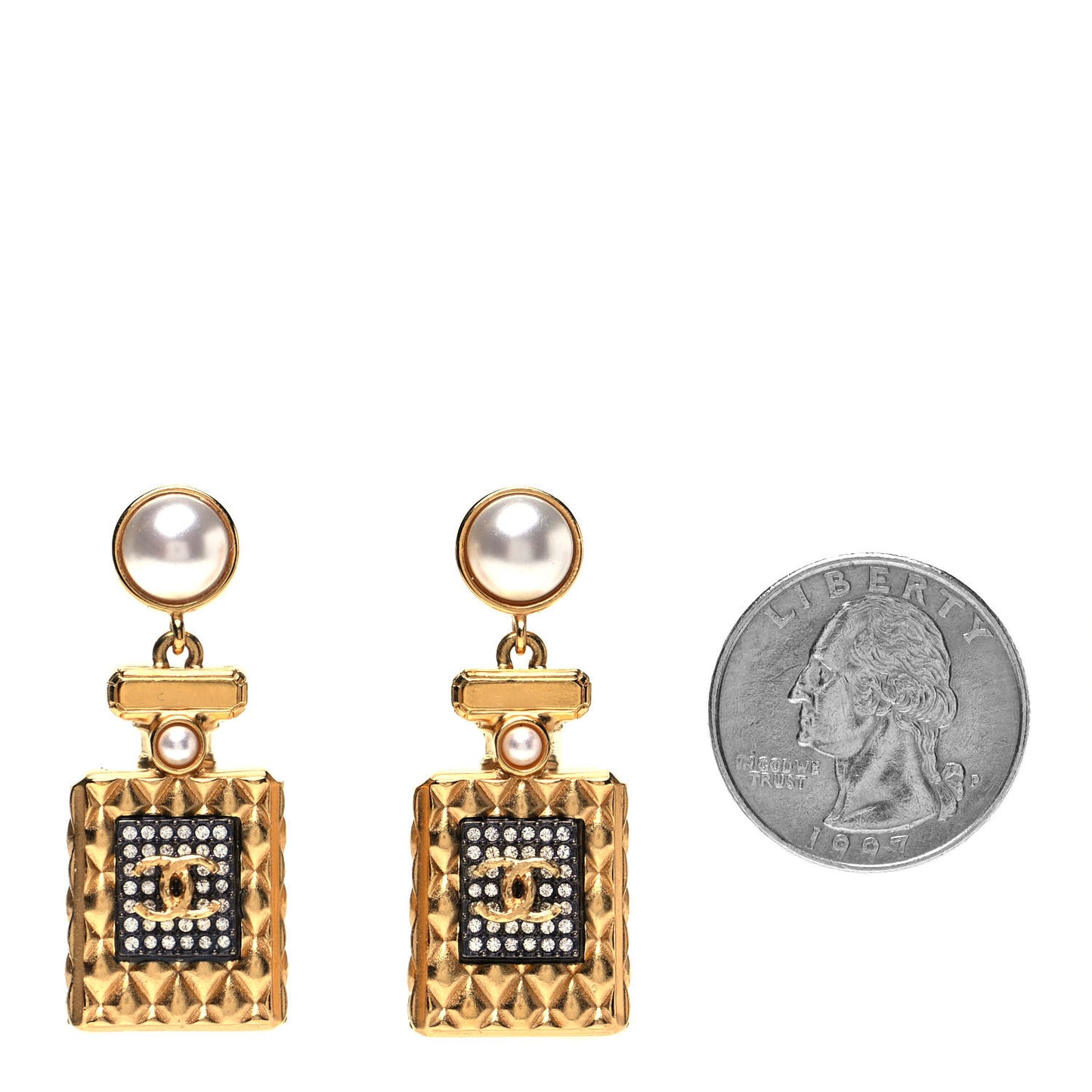 Crystal Pearl CC Perfume Bottle Drop Earrings Gold