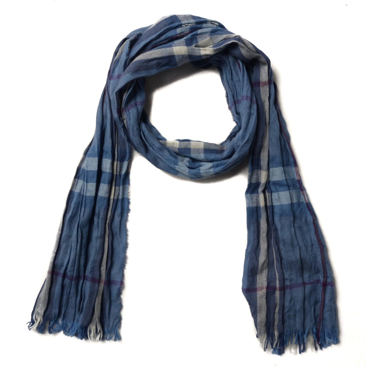 Merino Wool Cashmere Check Crinkle Scarf Blue