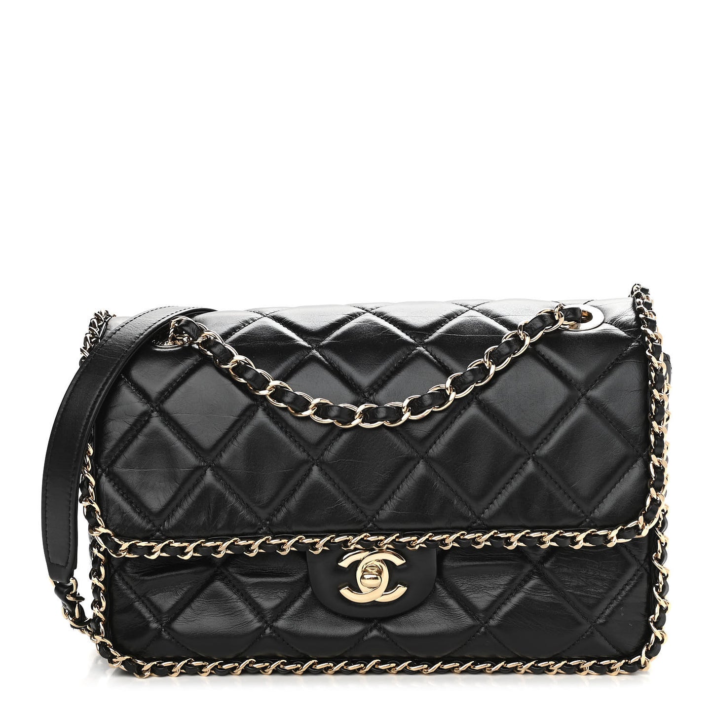 Crumpled Calfskin Medium Chain All Over Flap Black