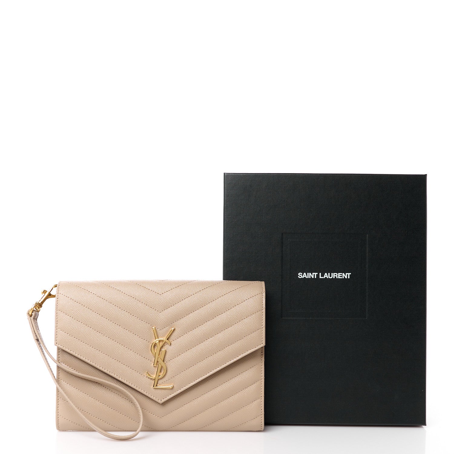 Saint Laurent Grain De Poudre Matelasse Chevron Monogram Envelope Clutch Dark Beige 11 of 11