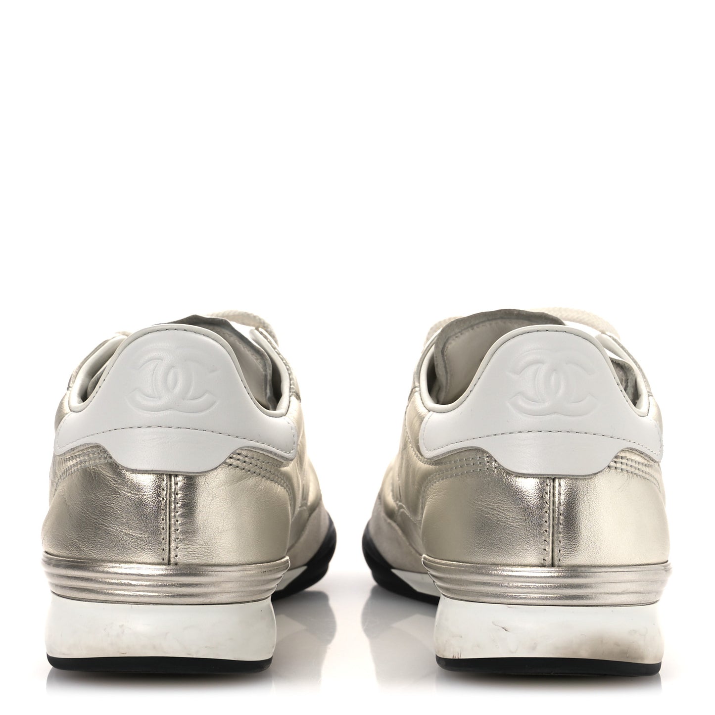 Laminated Calfskin Suede Quilted Womens CC Sneakers 39 Silver White