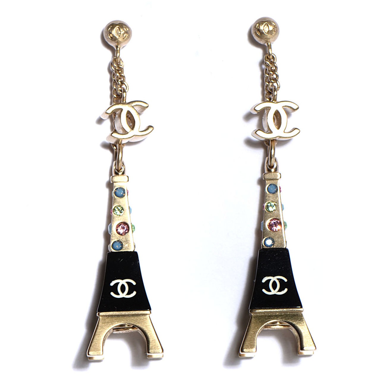 Crystal CC Eiffel Tower Charm Earrings Gold