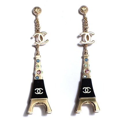 Chanel Crystal CC Eiffel Tower Charm Earrings Gold 1 of 5