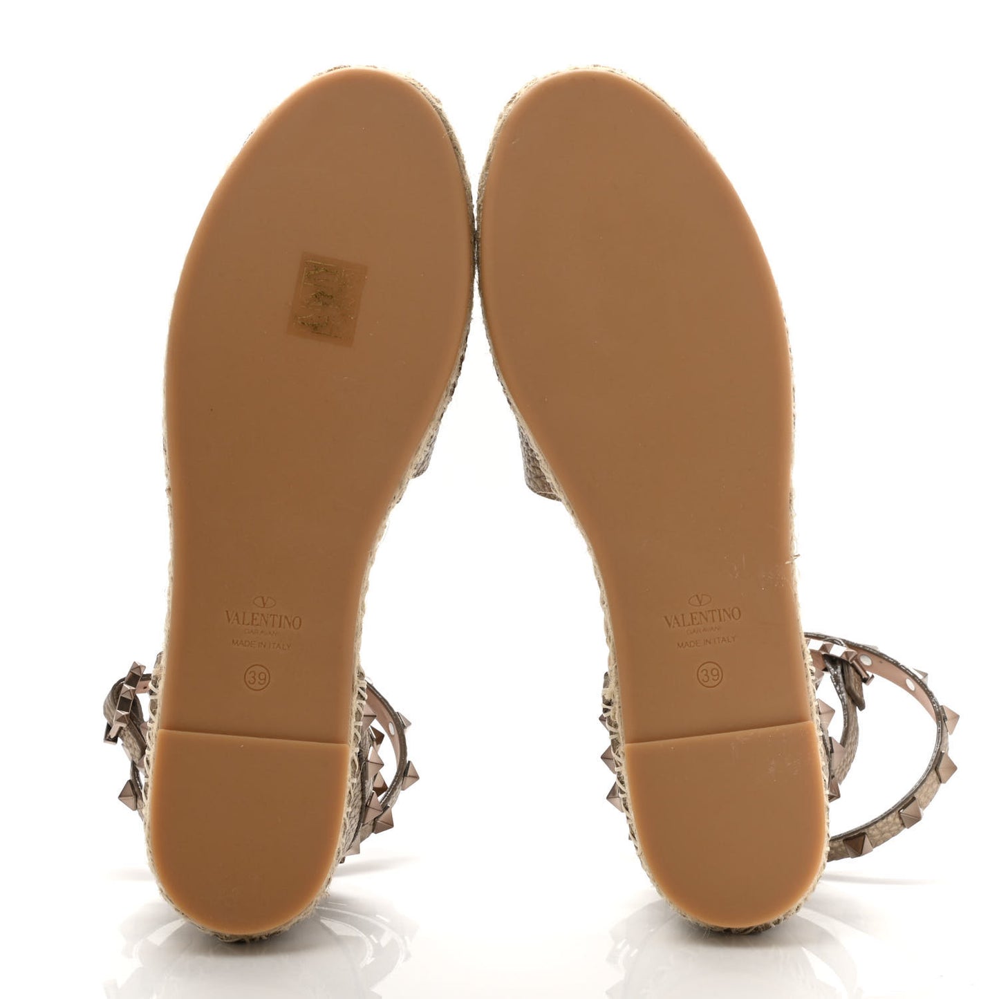 Metallic Grained Calfskin Rockstud Ankle Wrap Espadrille 20mm Flats 39 Skin Natural