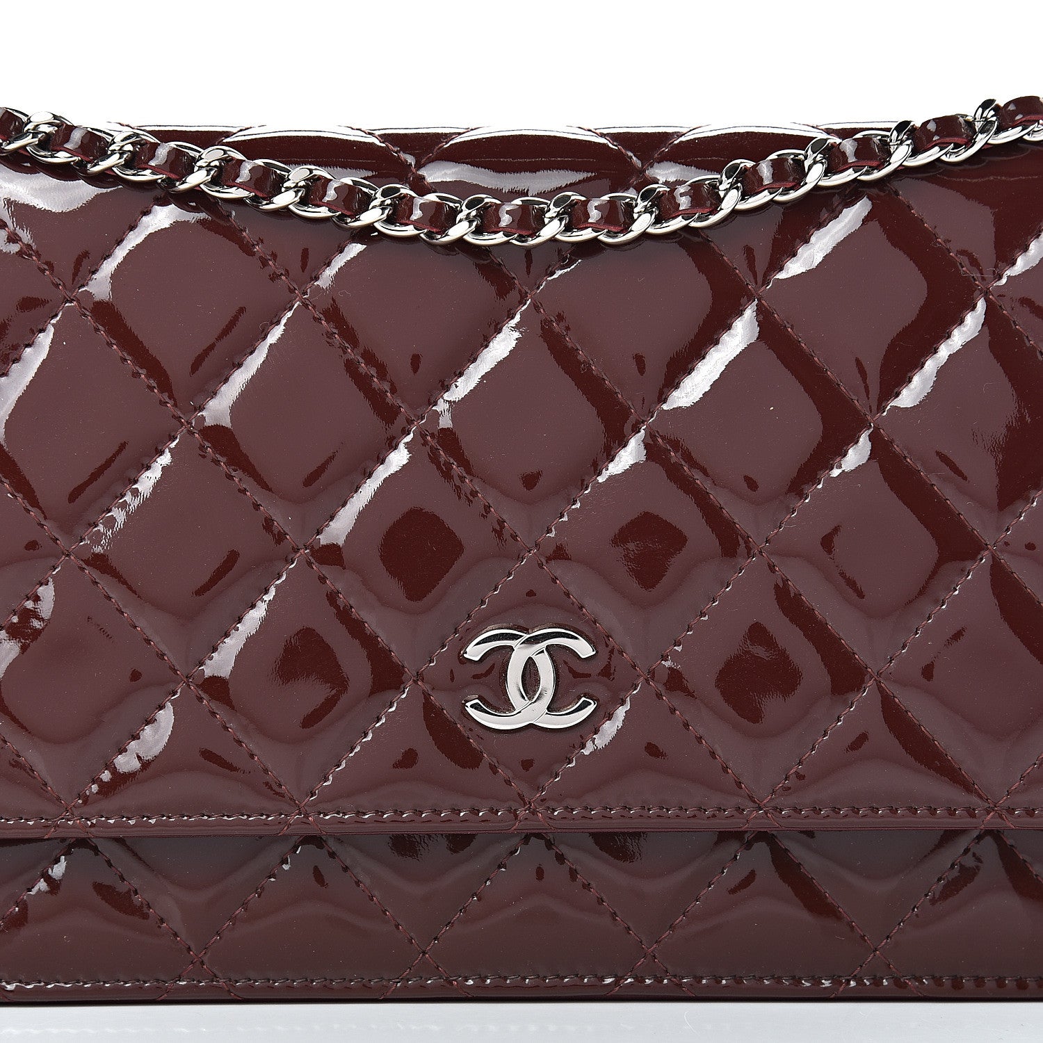 Chanel Patent Quilted Wallet On Chain WOC Burgundy 9 of 18