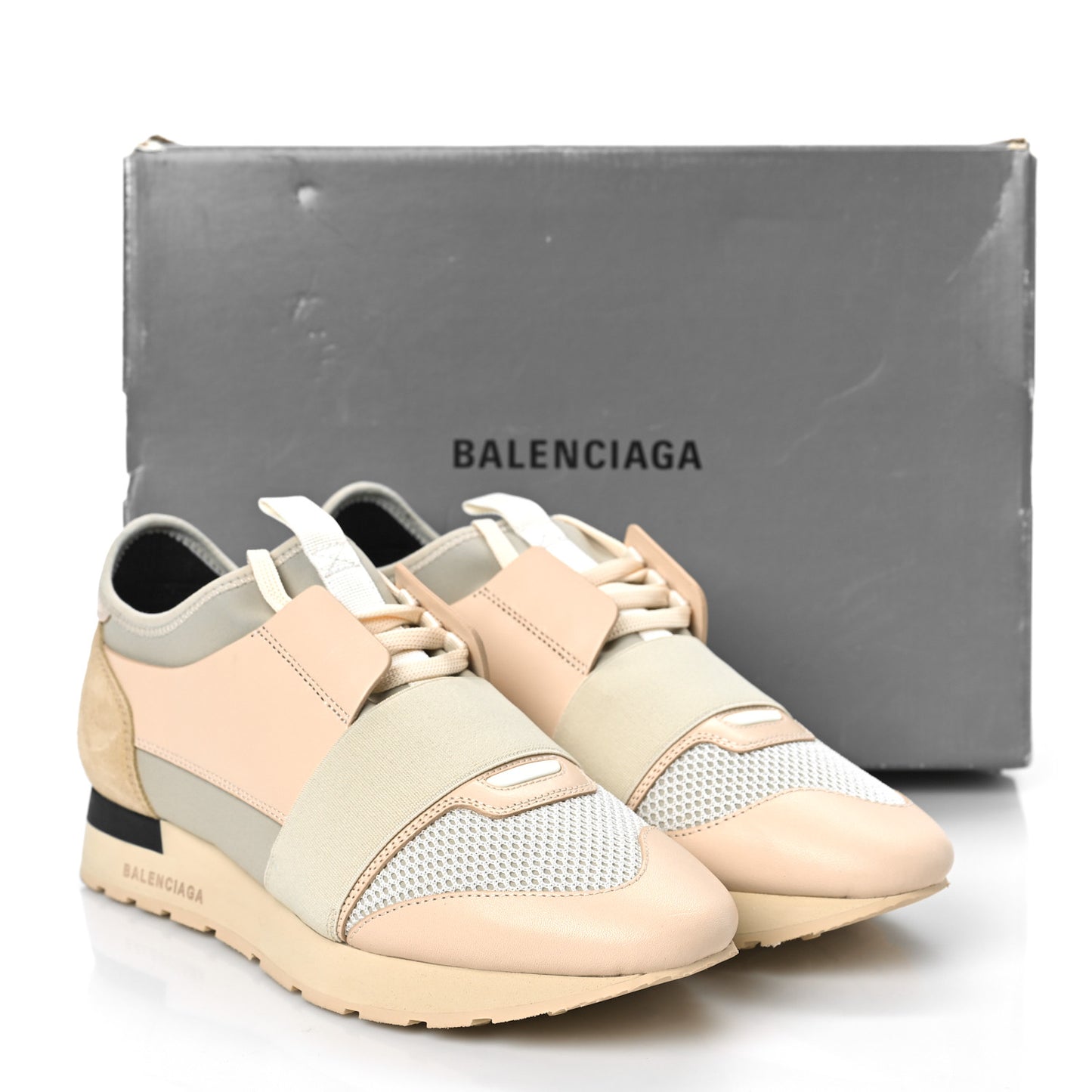 Mesh Calfskin Neoprene Suede Womens Race Runner Sneakers 39 White Black Craie Beige