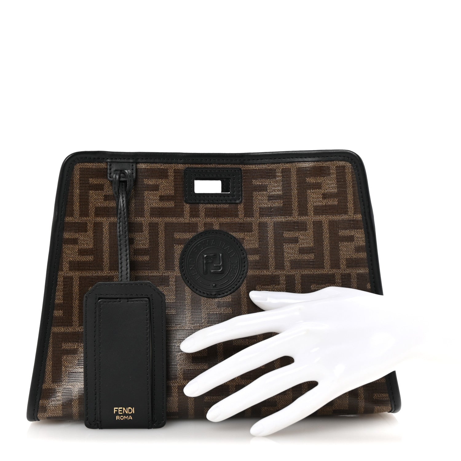 Fendi Glazed Fabric Vitello Century FF 1974 Stamp Patch Mini Peekaboo Defender Cover Mogano Panna Black 2 of 8