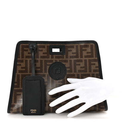 Fendi Glazed Fabric Vitello Century FF 1974 Stamp Patch Mini Peekaboo Defender Cover Mogano Panna Black 2 of 8