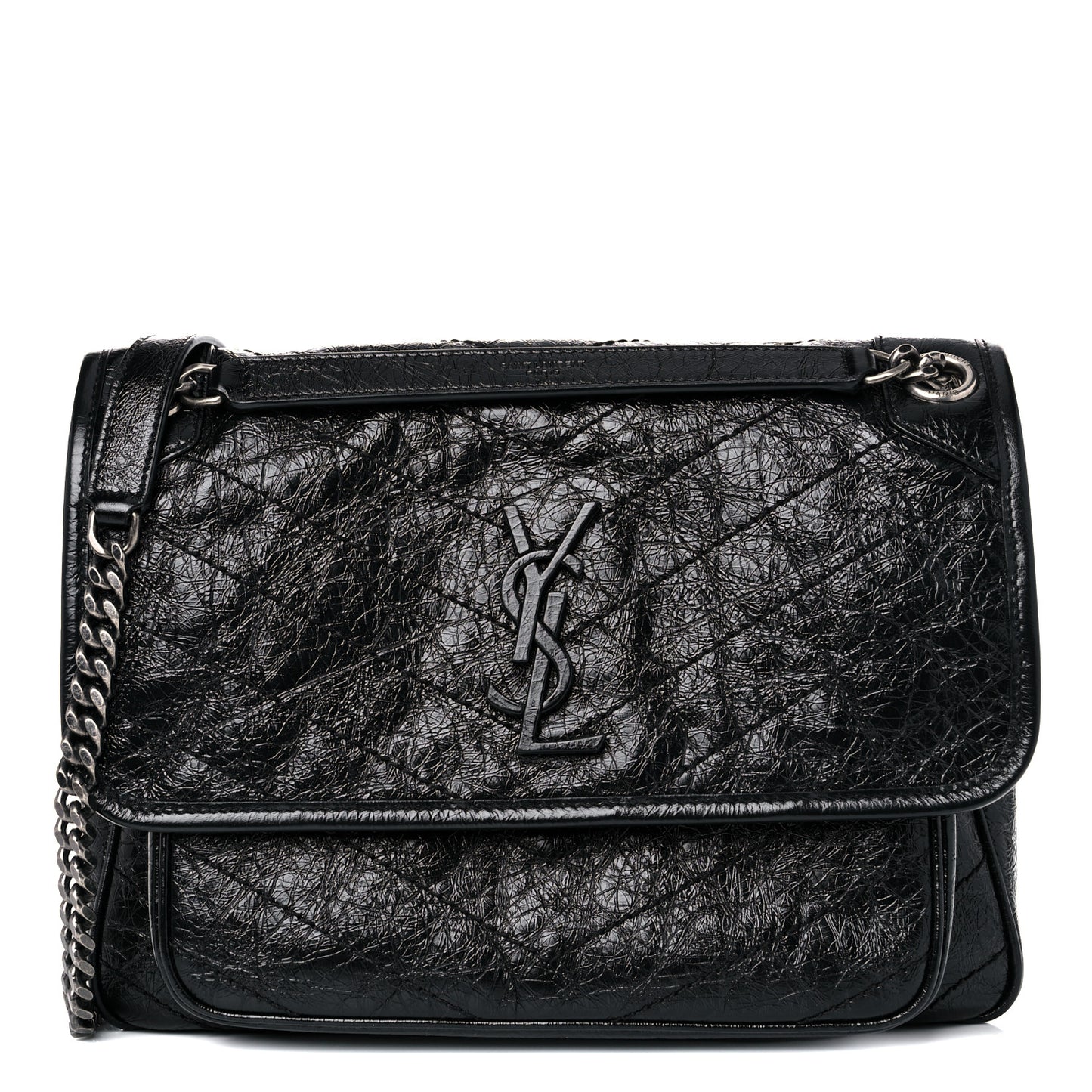 Crinkled Calfskin Matelasse Monogram Medium Niki Chain Satchel Black