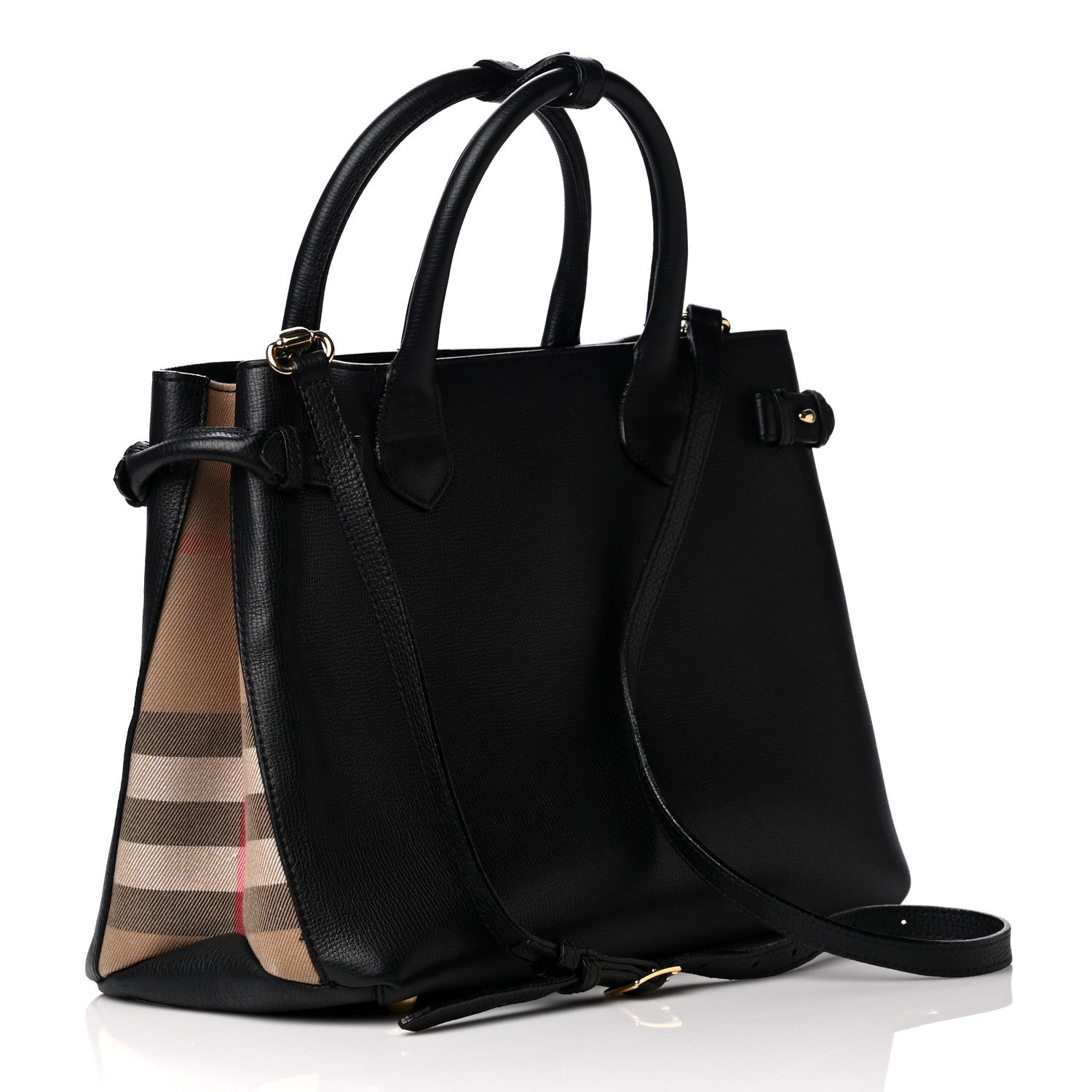 Burberry Grainy Calfskin House Check Medium Banner Tote Black 2 of 4