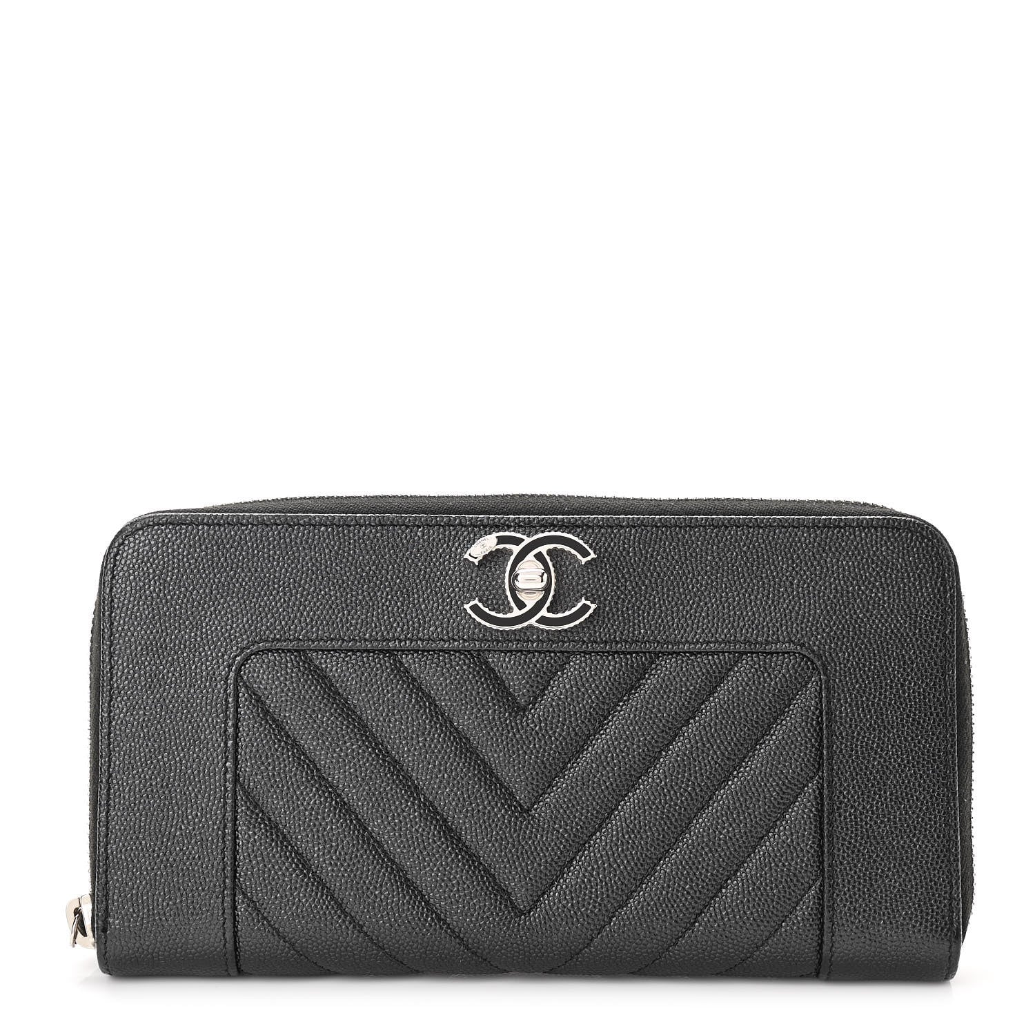 Chanel Caviar Chevron Quilted Mademoiselle Vintage Zip Around Wallet Dark Grey 1 of 8