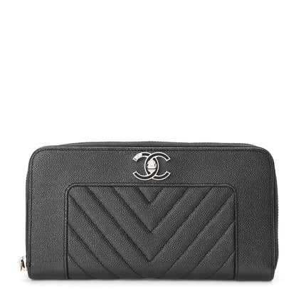 Chanel Caviar Chevron Quilted Mademoiselle Vintage Zip Around Wallet Dark Grey 1 of 8