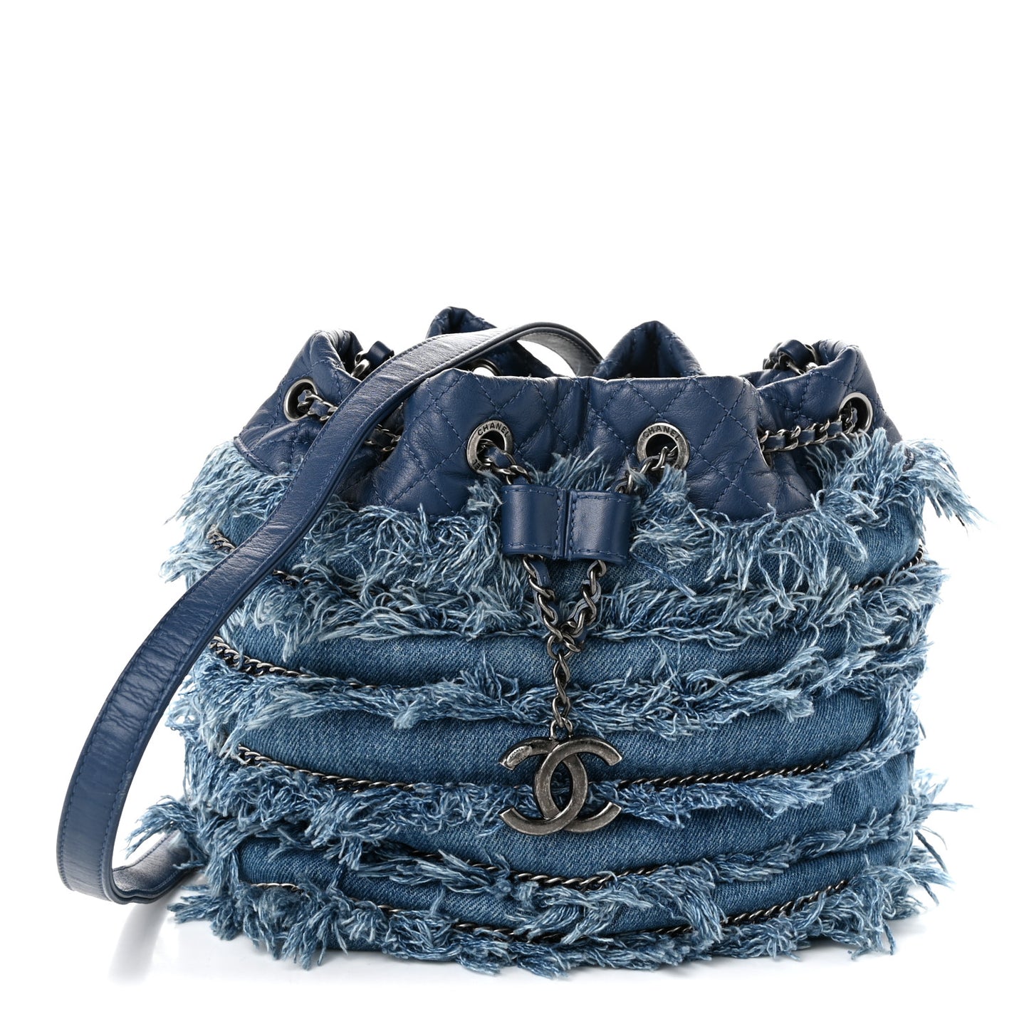 Calfskin Denim Fringe Chains CC Drawstring Bucket Bag Blue