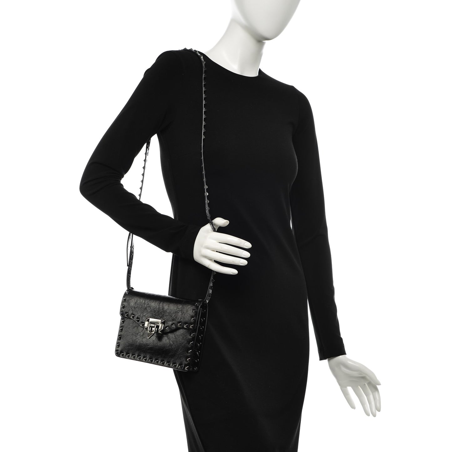 Craquele Calfskin Rockstud Shoulder Flap Bag Black