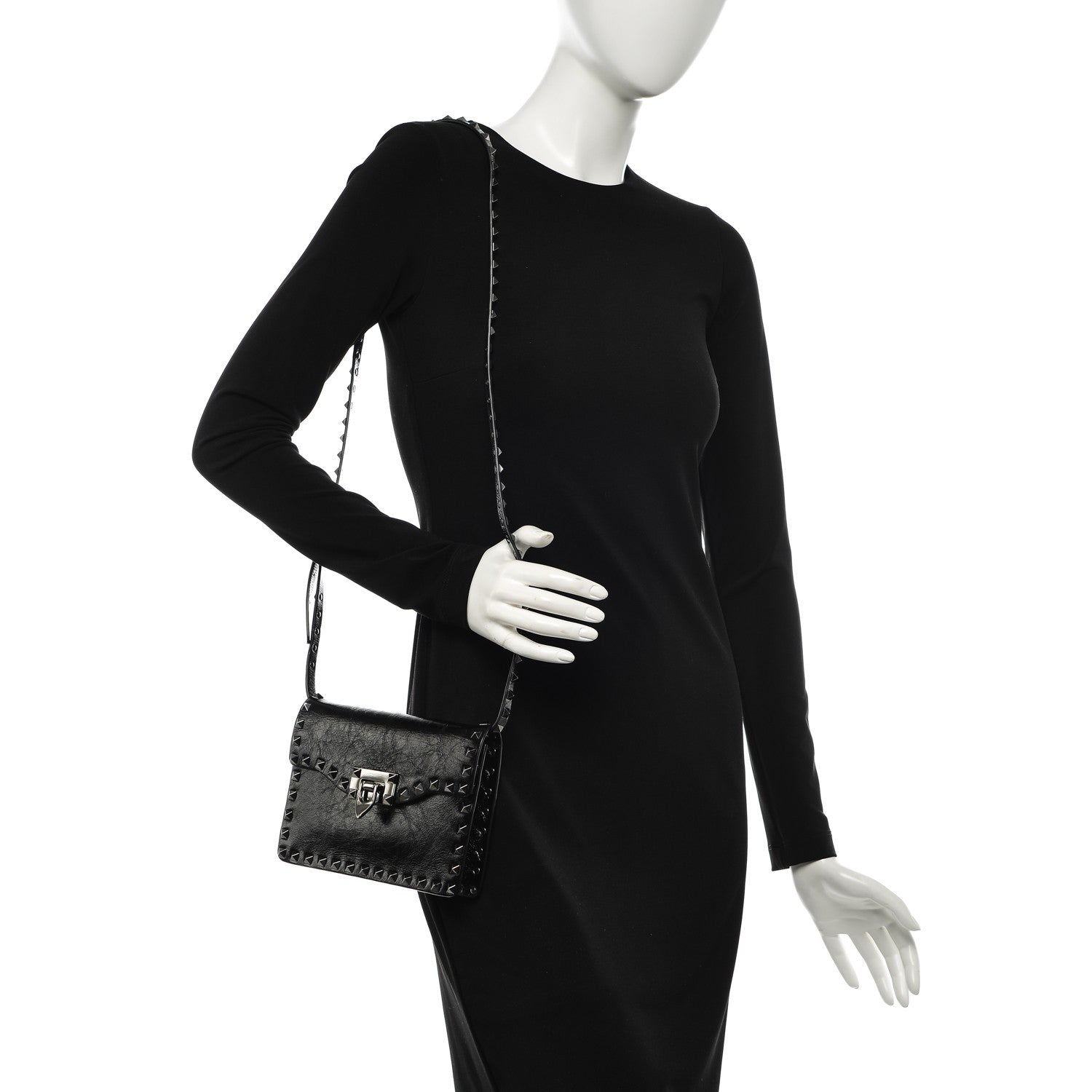Valentino Garavani Craquele Calfskin Rockstud Shoulder Flap Bag Black 2 of 6