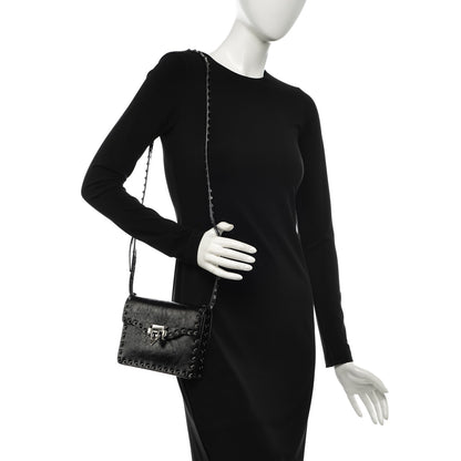 Valentino Garavani Craquele Calfskin Rockstud Shoulder Flap Bag Black 2 of 6