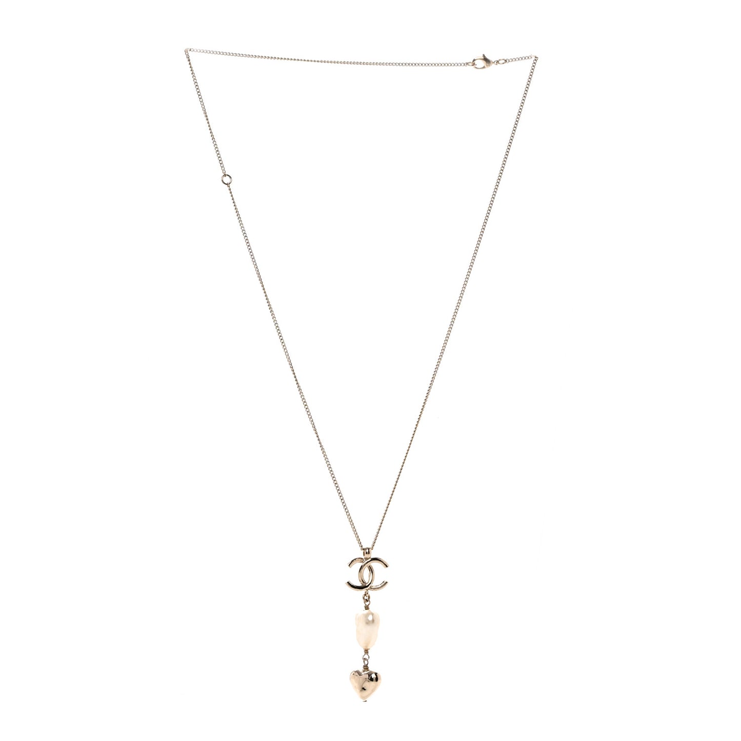 Pearl CC Double Heart Drop Necklace Pearly White Gold