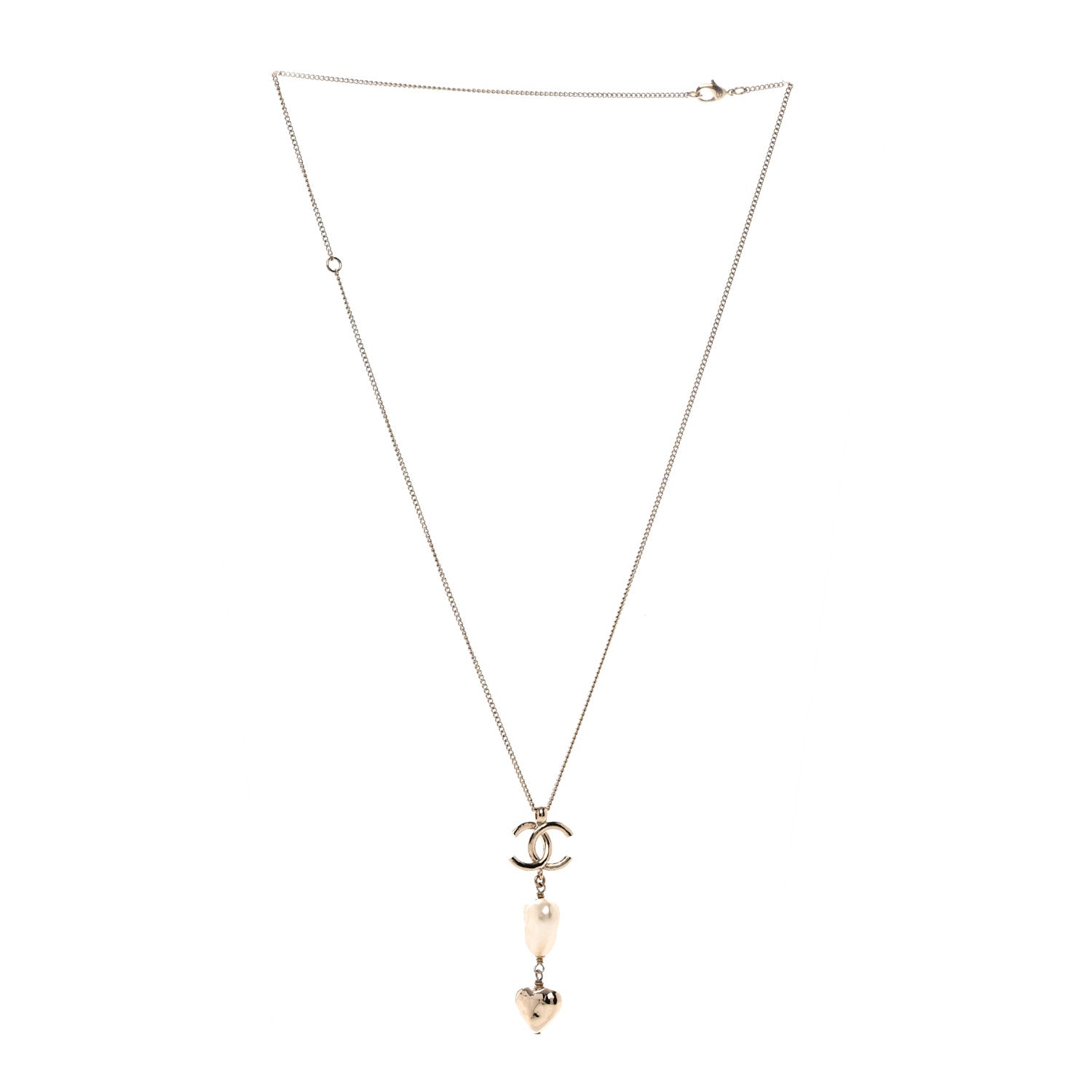 Chanel Pearl CC Double Heart Drop Necklace Pearly White Gold 3 of 5