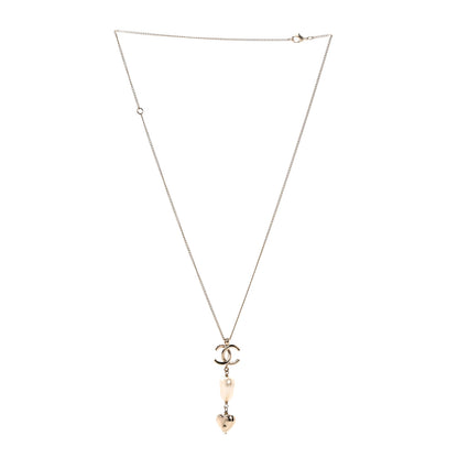 Chanel Pearl CC Double Heart Drop Necklace Pearly White Gold 3 of 5