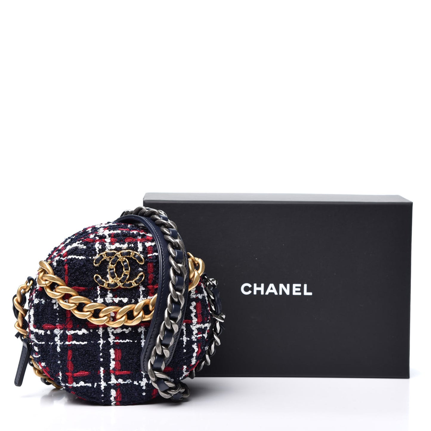 Tweed Quilted Chanel 19 Round Clutch With Chain Blue White Red