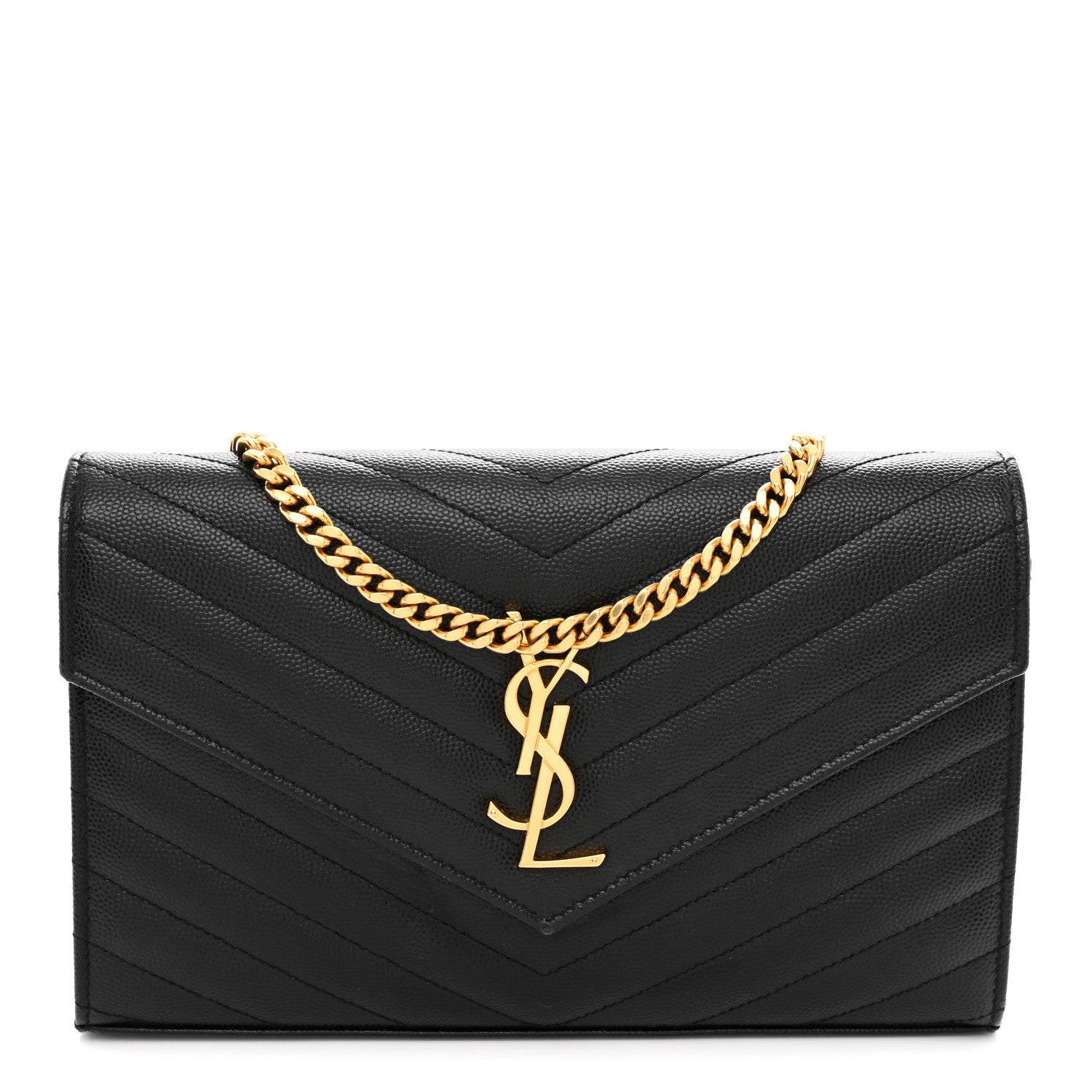 Saint Laurent Grain De Poudre Matelasse Chevron Monogram Chain Wallet Black 1 of 10