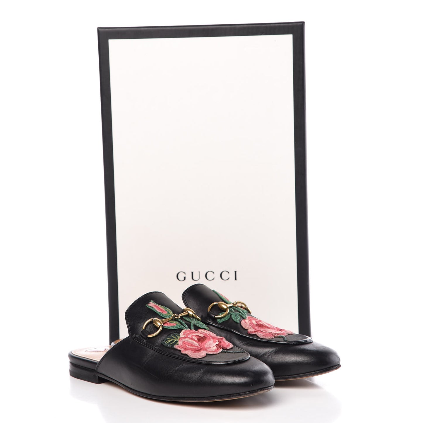 Calfskin Flower Embroidered Princetown Slippers 36 Black