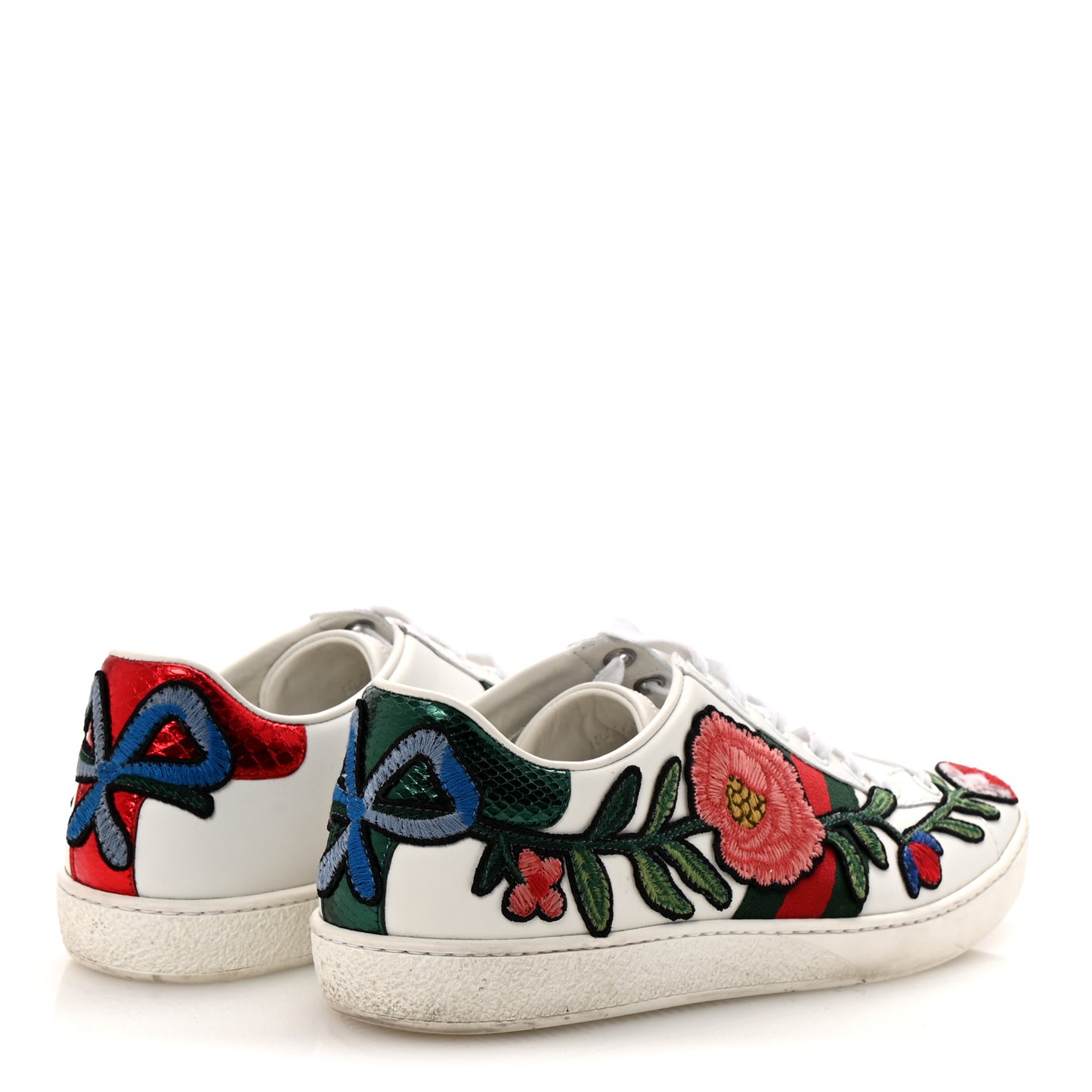 Calfskin Web Floral Embroidered Womens Ace Sneakers 37 White