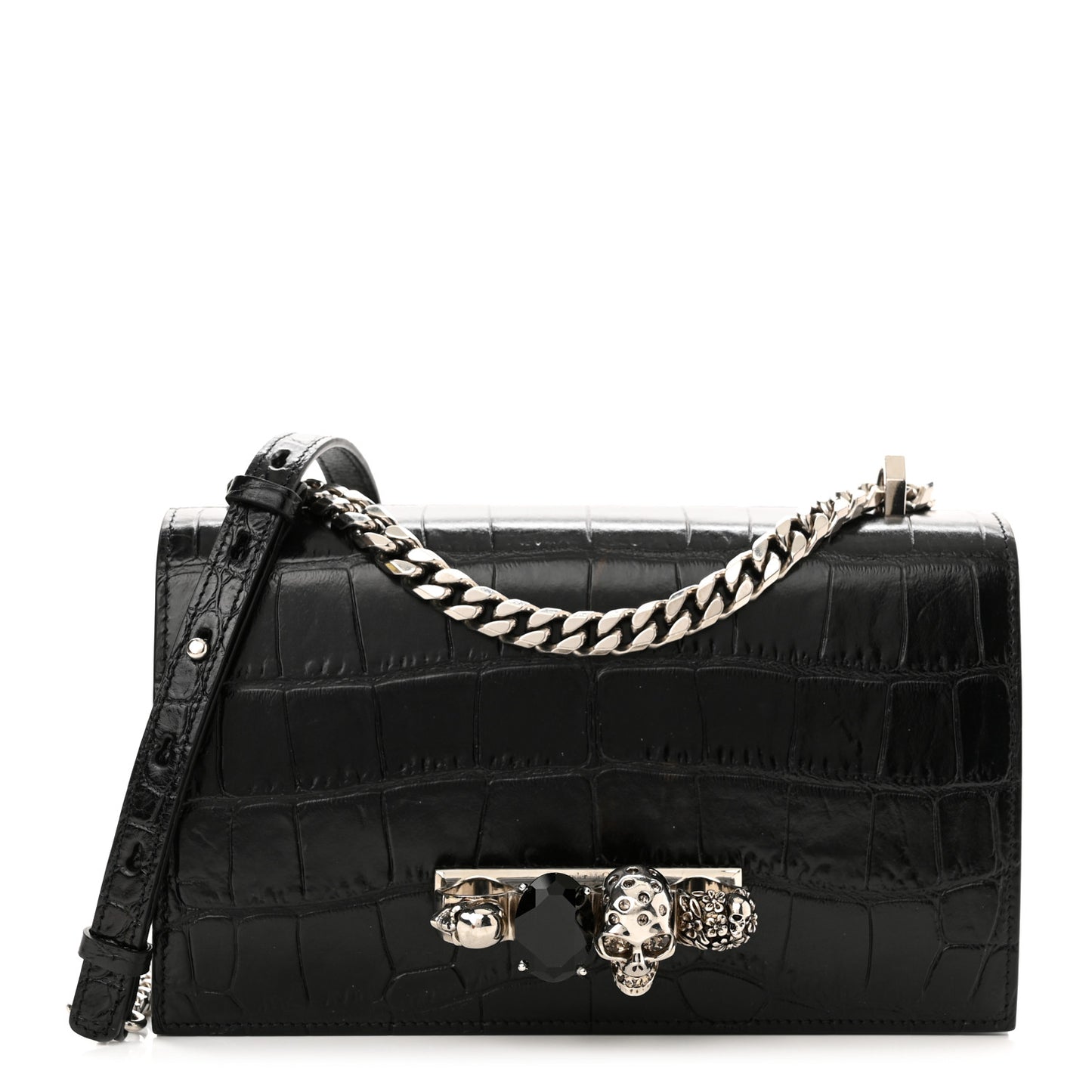 Shiny Crocodile Embossed Jeweled Satchel Black