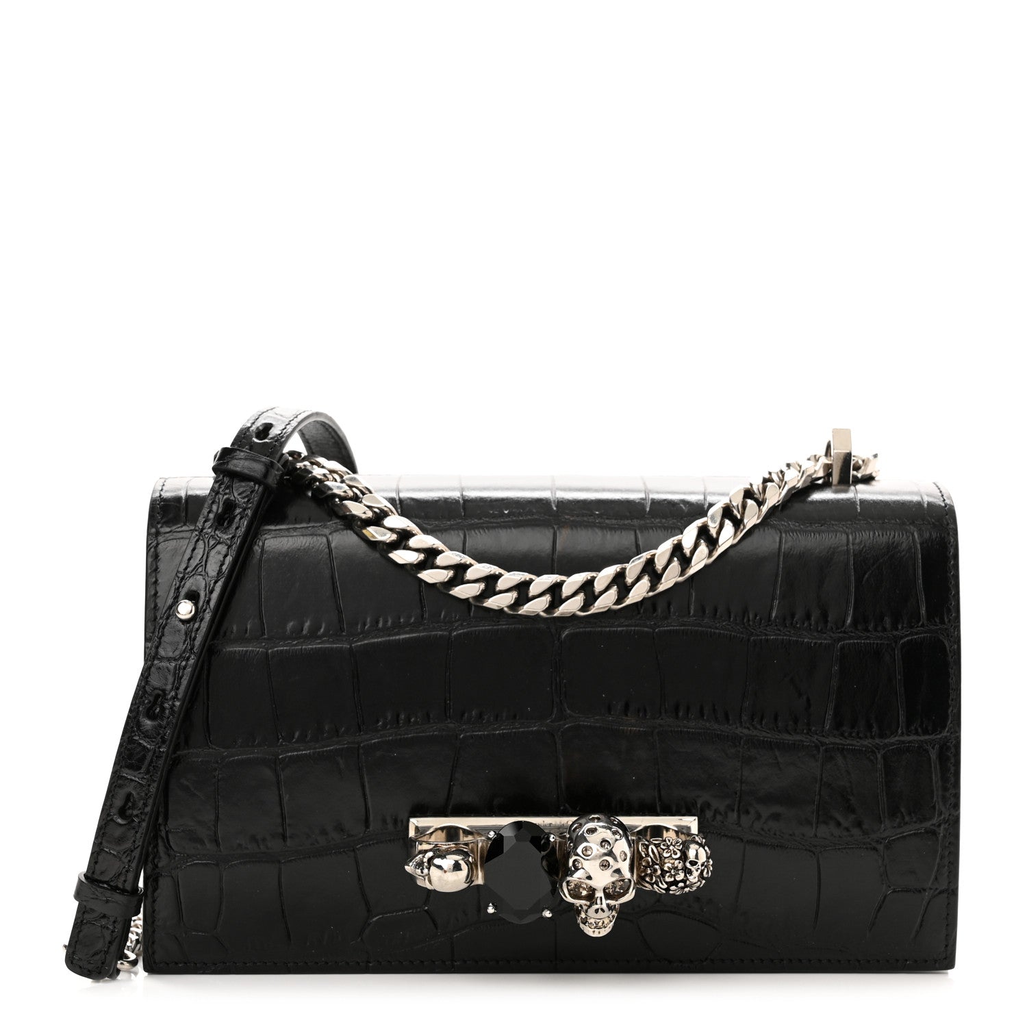 Alexander McQueen Shiny Crocodile Embossed Jeweled Satchel Black 1 of 10