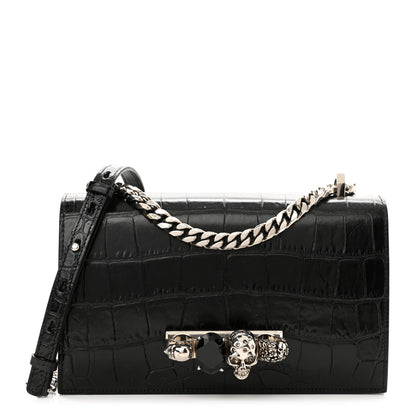 Alexander McQueen Shiny Crocodile Embossed Jeweled Satchel Black 1 of 10