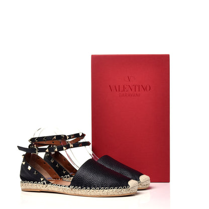Valentino Garavani Grained Calfskin Rockstud Ankle Wrap Espadrille 20mm Flats 40 Black Light Cuir Natural 10 of 10