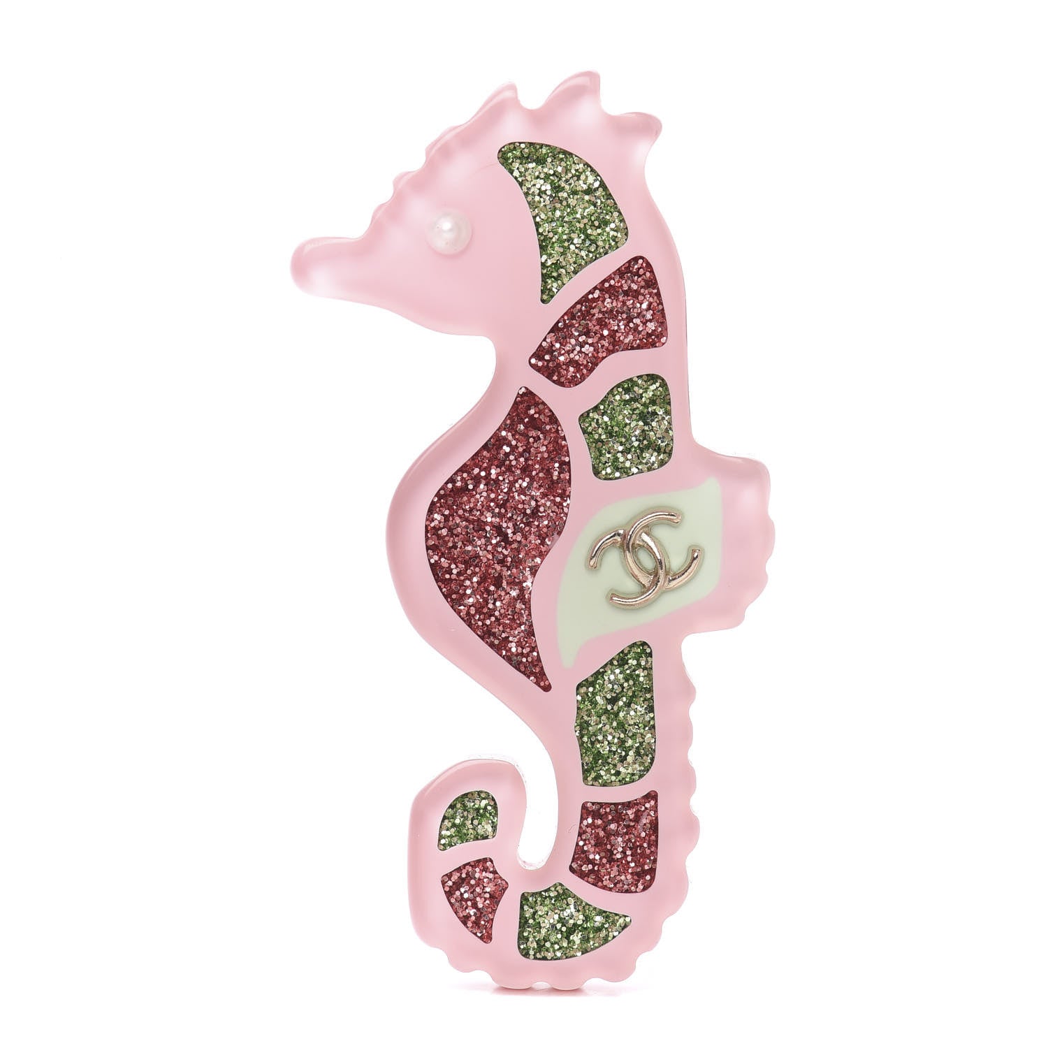 Chanel Glittered Resin Sea Horse Brooch Green Pink 1 of 3