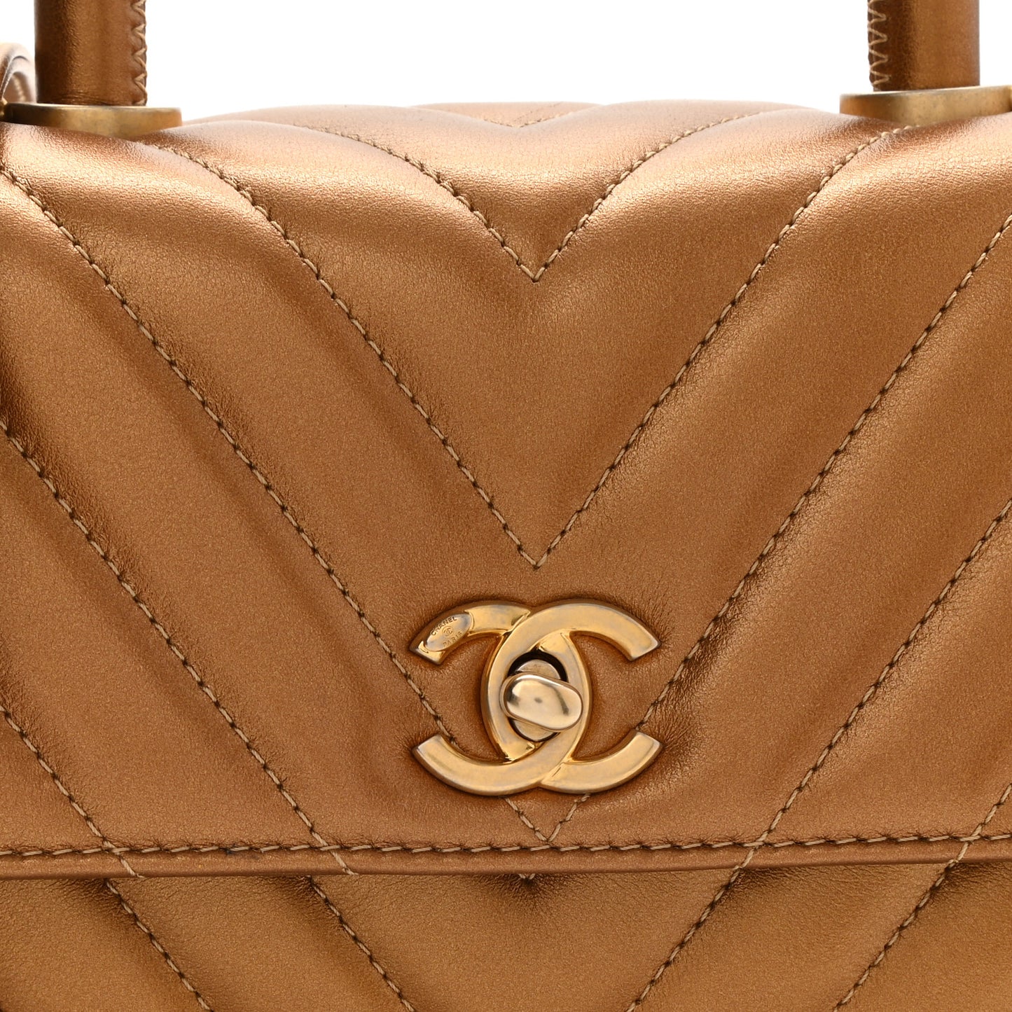 Metallic Calfskin Chevron Quilted Mini Coco Handle Flap Gold