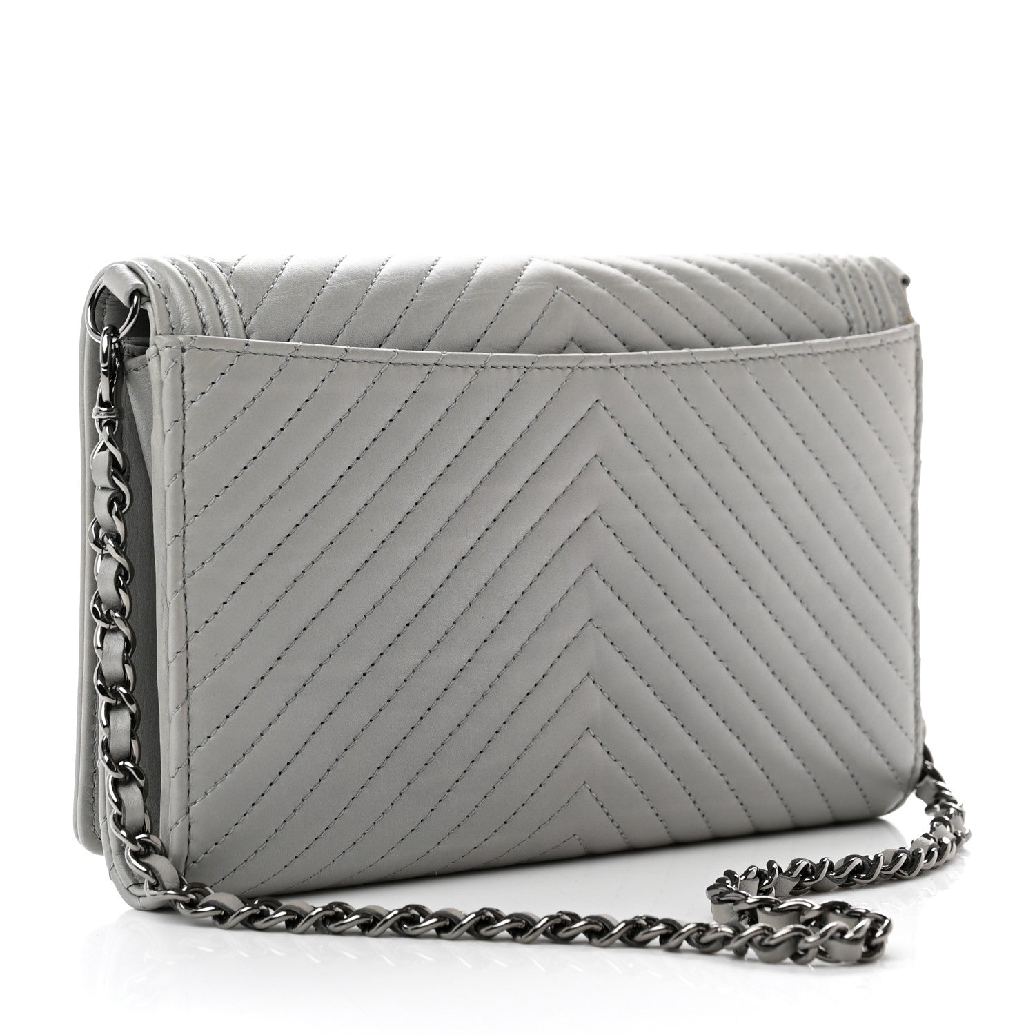 Chanel Calfskin Chevron Quilted Boy Wallet On Removable Chain WOC Grey 2 of 8