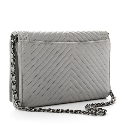 Chanel Calfskin Chevron Quilted Boy Wallet On Removable Chain WOC Grey 2 of 8