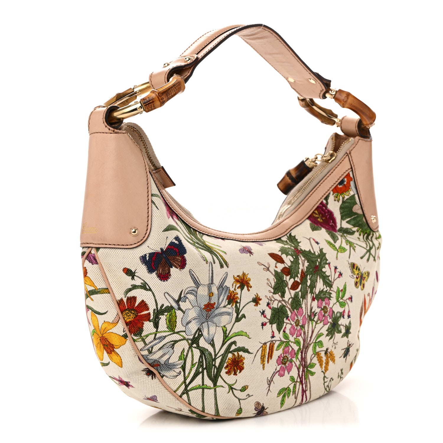 Gucci Canvas Floral Flora Bamboo Ring Hobo White 3 of 10