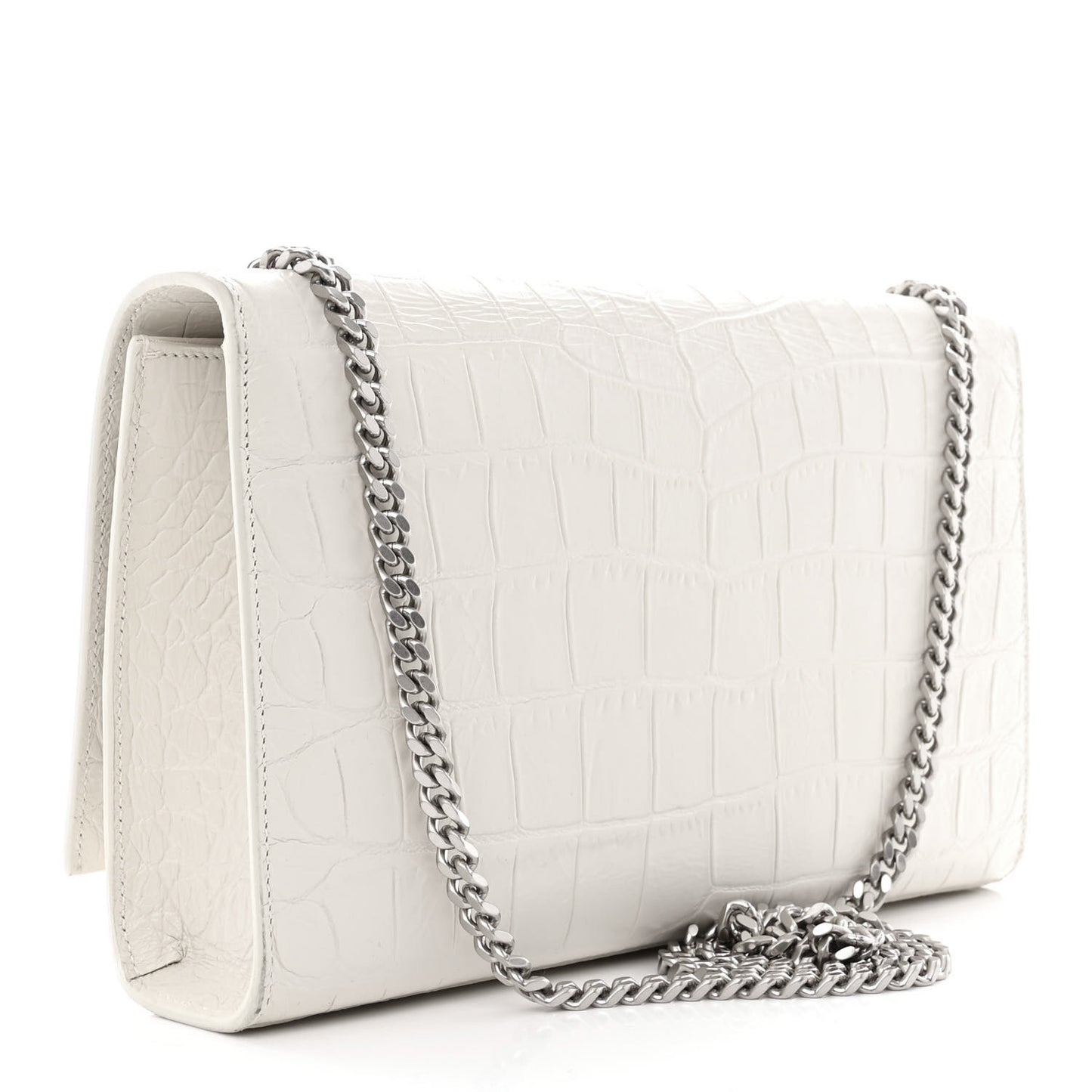 Calfskin Crocodile Embossed Medium Classic Monogram Kate Tassel Satchel Crema Soft