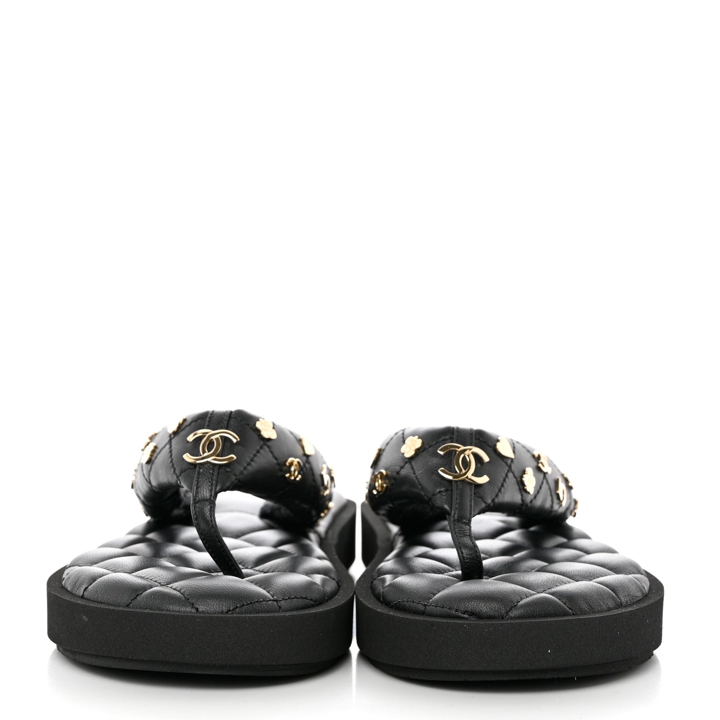 Lambskin Quilted Padded Charms Thong Sandals 38 Black