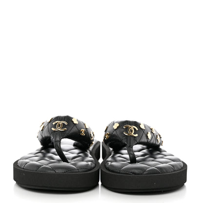 Chanel Lambskin Quilted Padded Charms Thong Sandals 38 Black 2 of 8