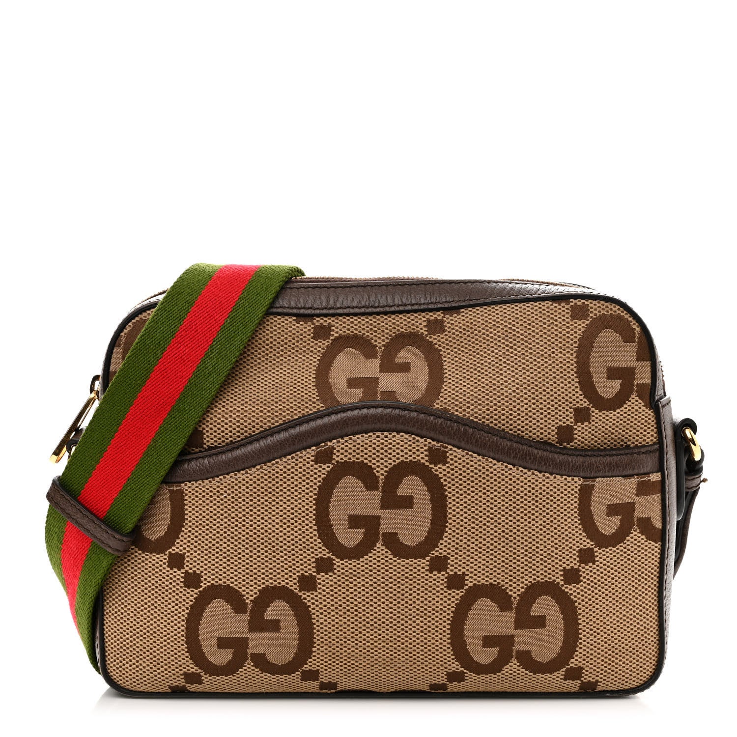 Gucci Monogram Jumbo GG Textured Dollar Calfskin Web Messenger Shoulder Bag Camel Ebony New Acero 1 of 10
