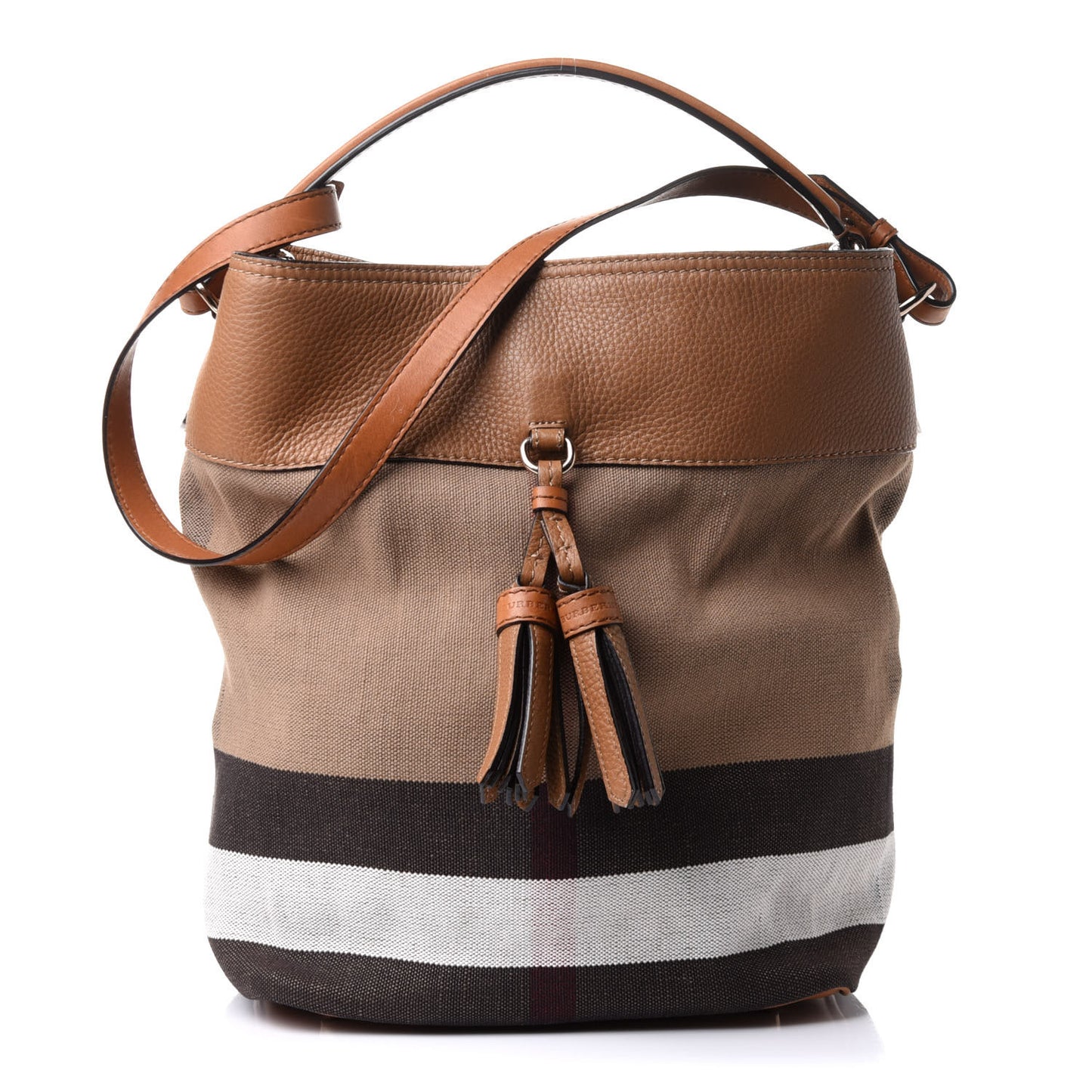 Grainy Calfskin Canvas Mega Check Medium Ashby Tassel Hobo Saddle Brown