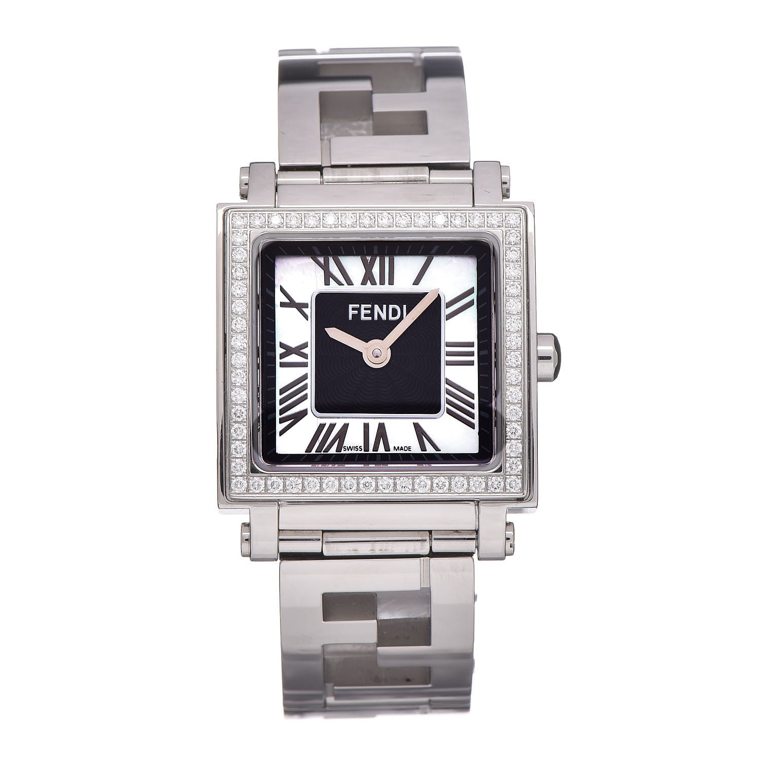 Fendi Stainless Steel Diamond Bezel Mother of Pearl 25mm Quadro Quartz Watch 1 of 6