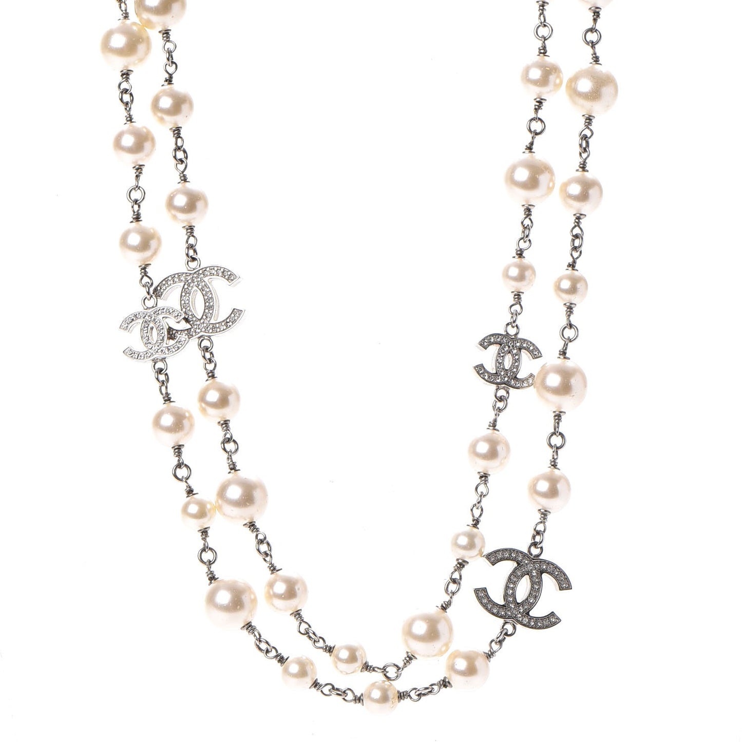 Crystal Pearl CC Long Necklace Silver