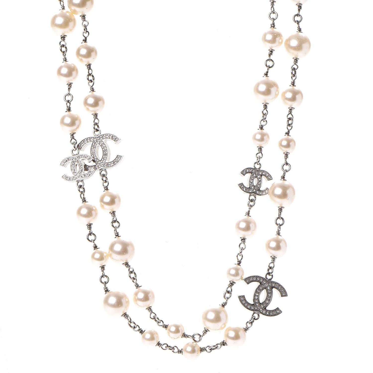 Chanel Crystal Pearl CC Long Necklace Silver 1 of 6