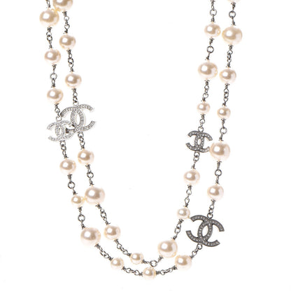 Chanel Crystal Pearl CC Long Necklace Silver 1 of 6