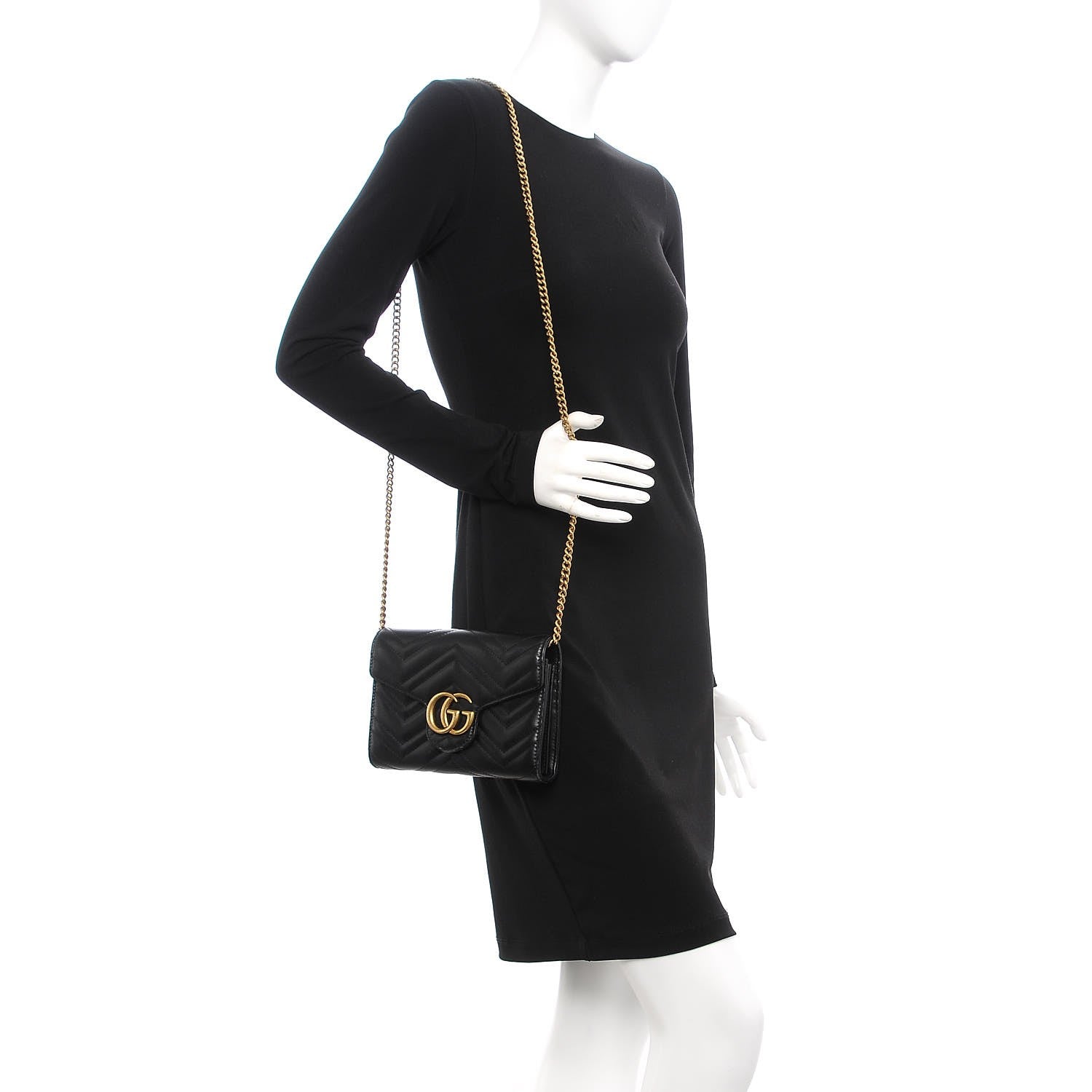 Gucci Calfskin Matelasse GG Marmont Chain Wallet Black 2 of 10