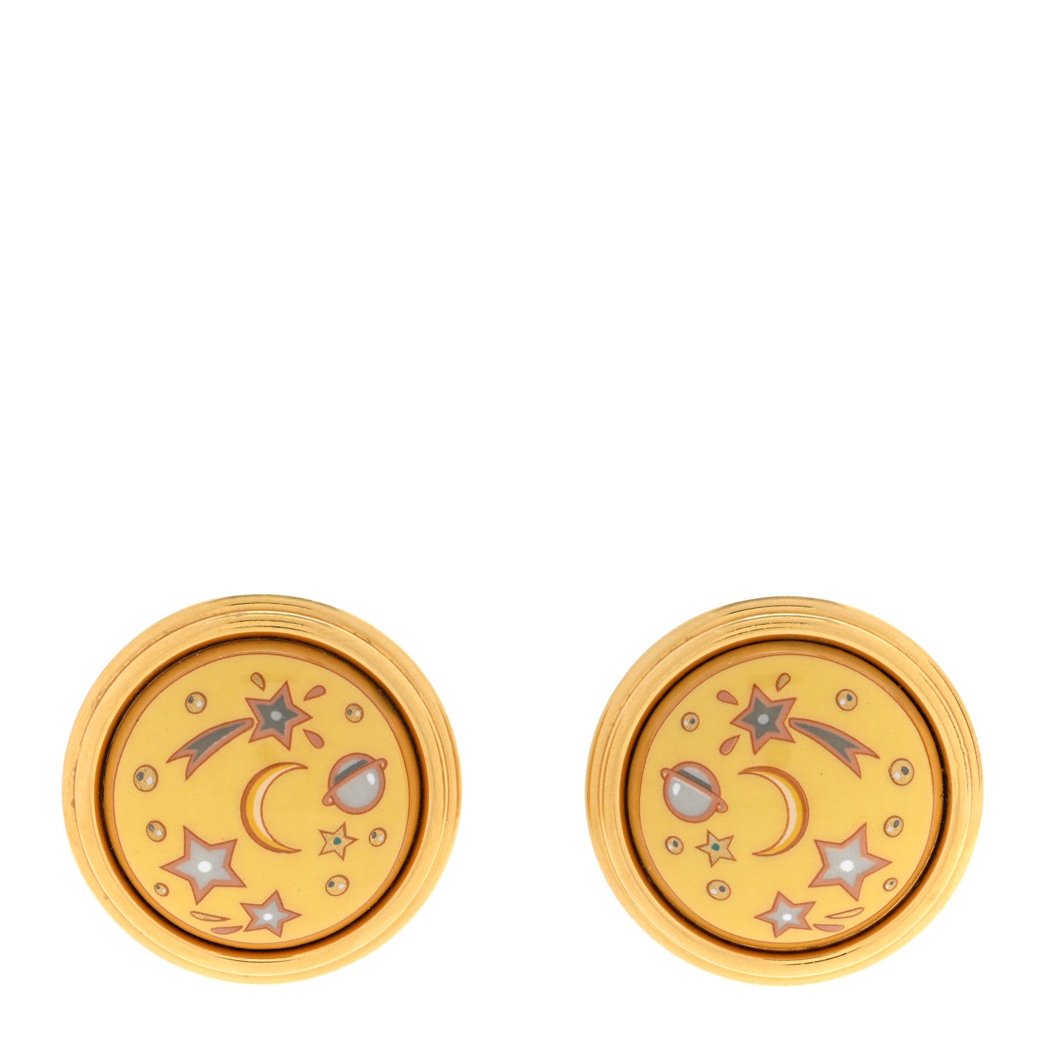 Hermes Enamel Printed Moon Stars Clip On Earrings Gold 1 of 4