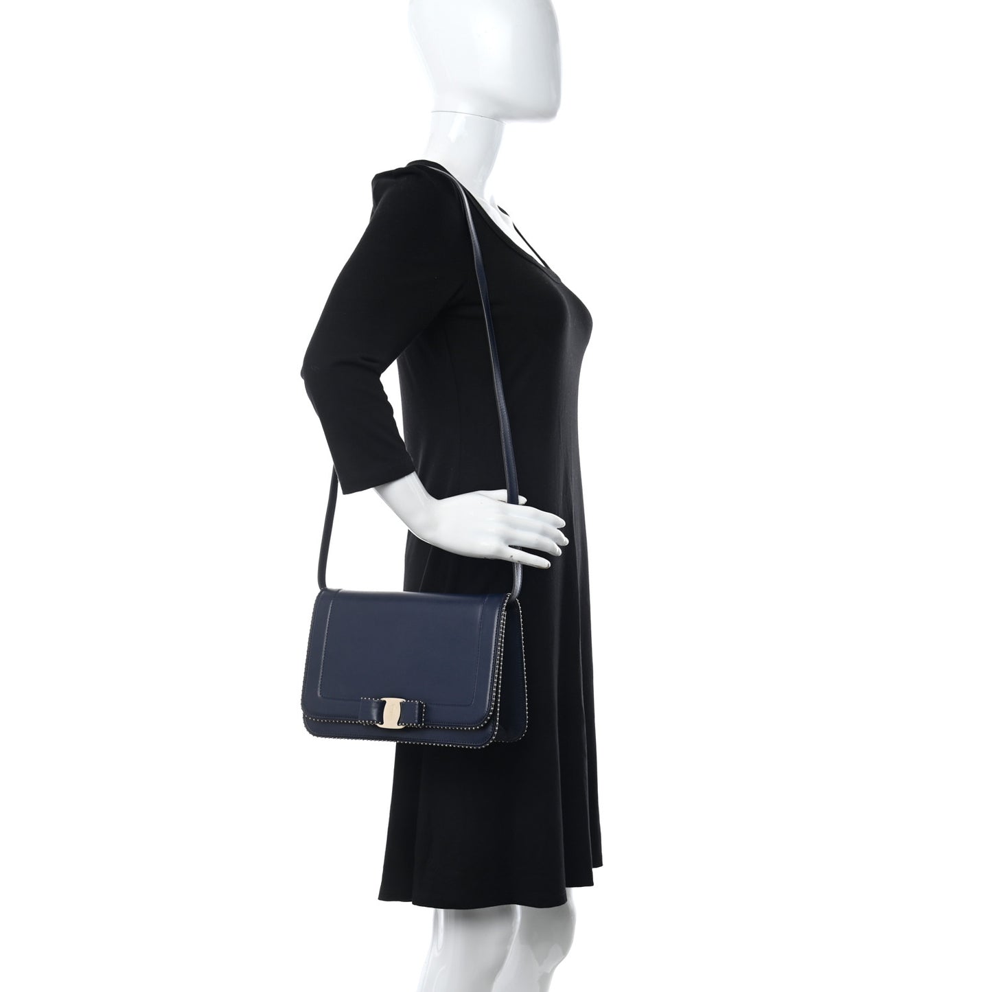 Calfskin Studded Vara Bow Bag Navy Black